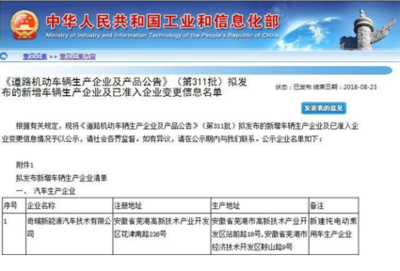 奇瑞新能源前8月銷量同比增長231%，加速布局道路機動車輛生產(chǎn)